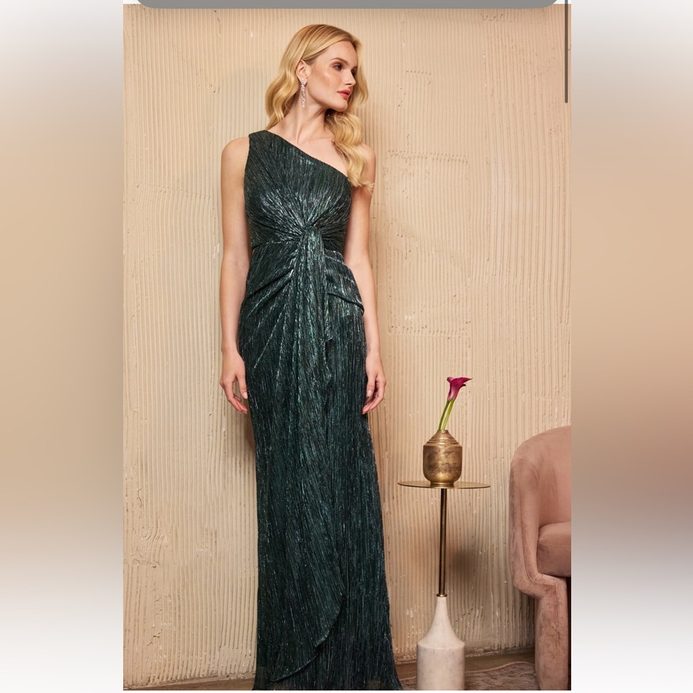 Adrianna Pappel Stardust Pleated Draped One Shoulder Gown In Green Pine